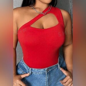 Plus Size Hollow Out Solid Color One Shoulder Slim Fit Top